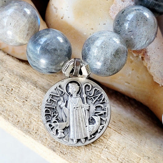 Labradorite Beaded 14mm Bracelet w/ Sterling Silver St. Benedict + Cross Medal - Afterlife Jewelry Designs
