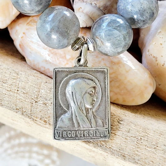 Labradorite Beaded 14mm Bracelet w/ Our Lady of Lourdes Silver Medal