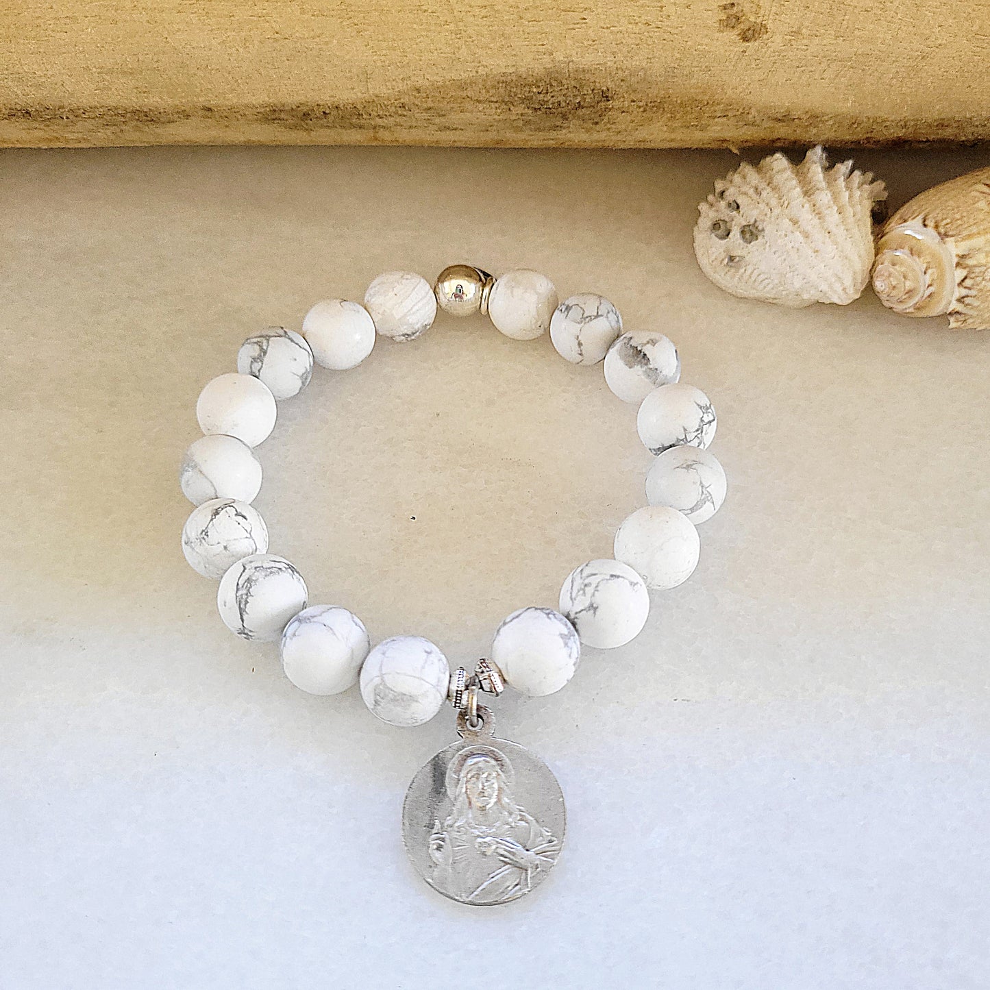 Howlite 10mm Beaded Bracelet w/ Sacred Heard of Jesus + Our Lady of Mount Carmel Silver Medal