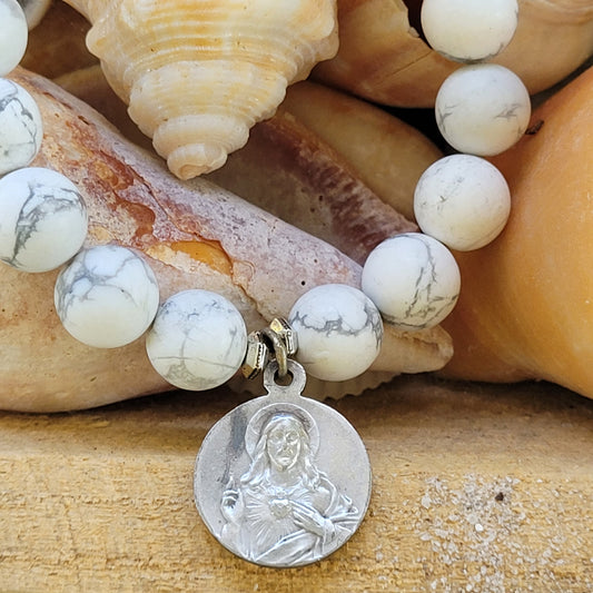 White Howlite 10mm Beaded Bracelet w/ Sacred Heard of Jesus + Our Lady of Mount Carmel Silver Medal