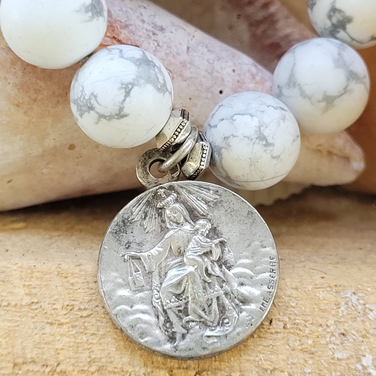 Howlite 10mm Beaded Bracelet w/ Sacred Heard of Jesus + Our Lady of Mount Carmel Silver Medal