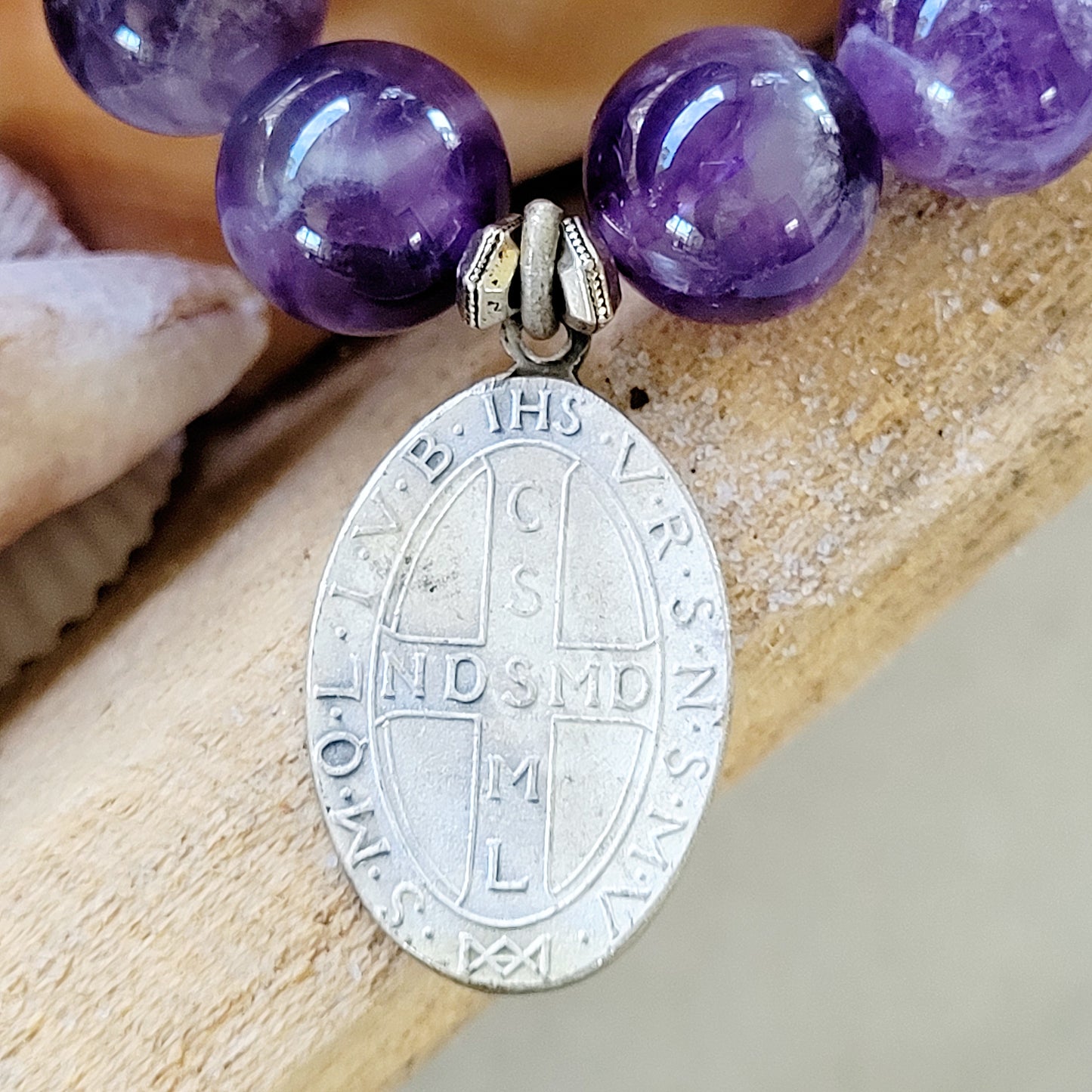 Amethyst 12mm Beaded Bracelet w/ Silver Medal of St. Benedict of Nursia - Afterlife Jewelry Designs