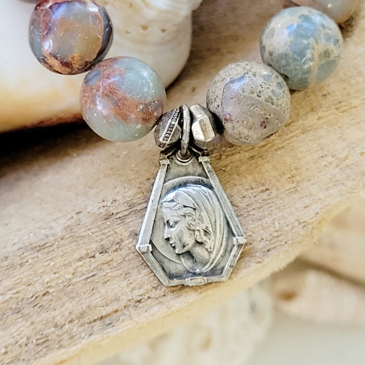 Jasper 10mm Beaded Bracelet w/ Our Lady of Lourdes Art Deco Silver Medal