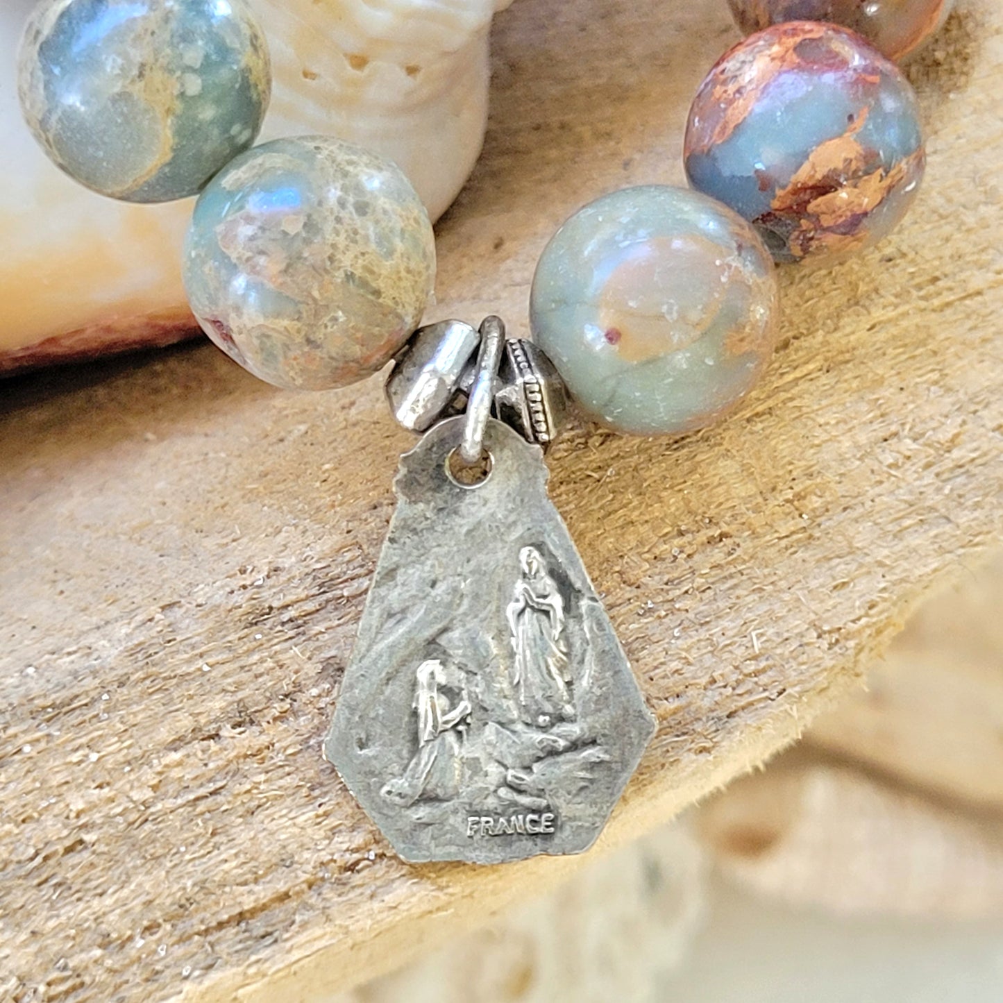 Jasper 10mm Beaded Bracelet w/ Our Lady of Lourdes Art Deco Silver Medal