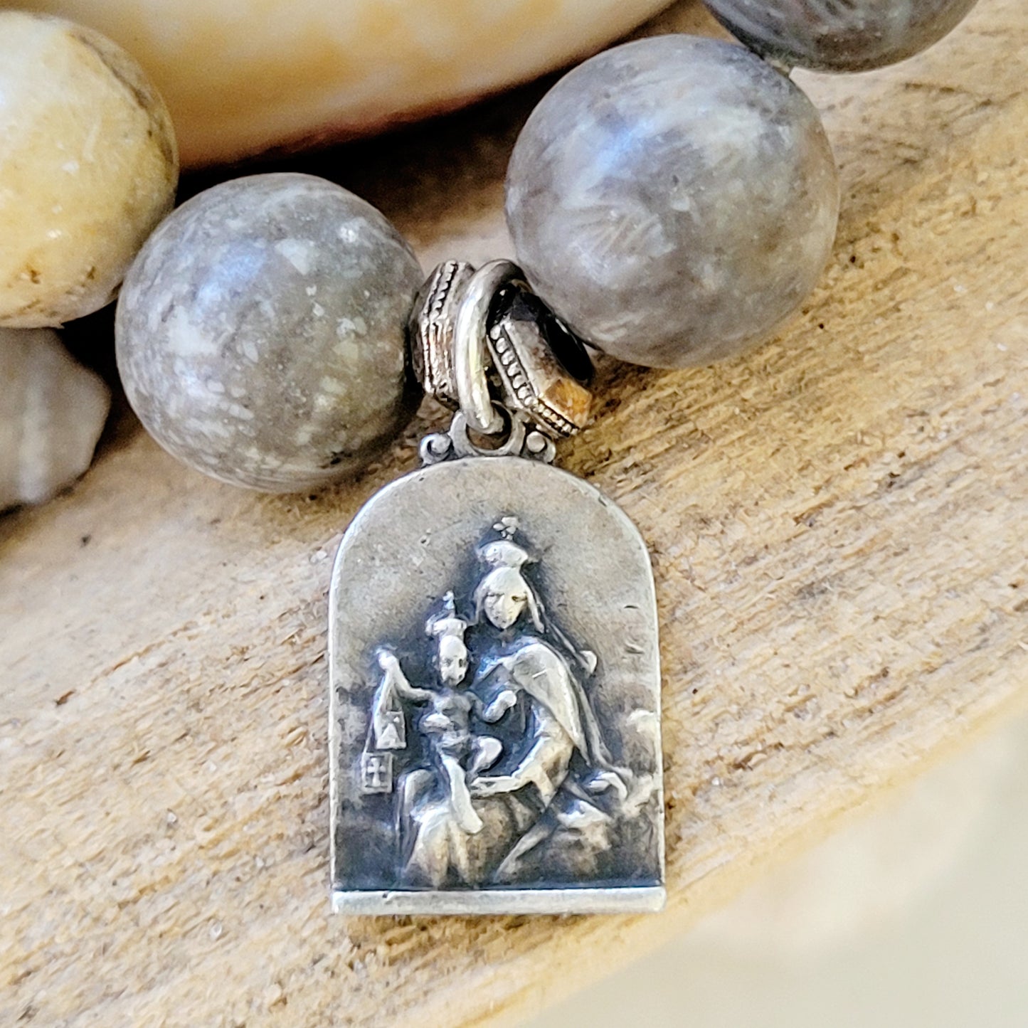 Jasper 10mm Beaded Bracelet w/ Sacred Heart of Jesus + Our Lady of Mount Carmel Silver Medal