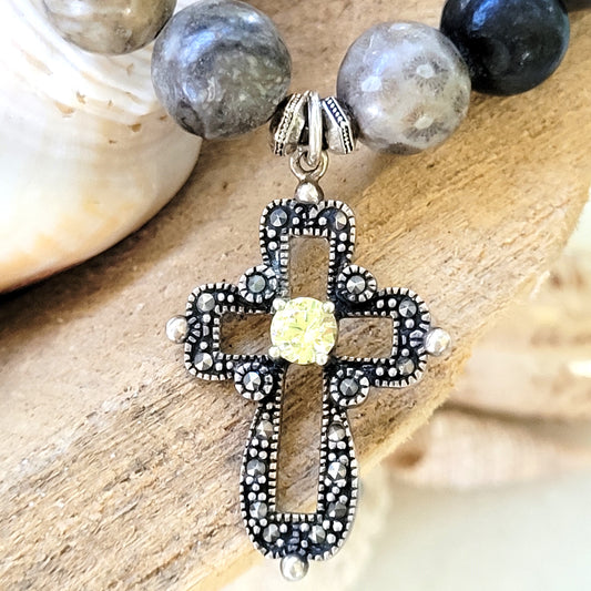 Jasper 10mm Beaded Bracelet w/ Sterling Silver Marcasite Accented Cross