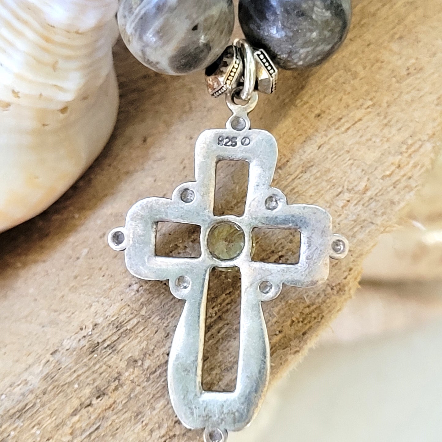 Jasper 10mm Beaded Bracelet w/ Sterling Silver Marcasite Accented Cross