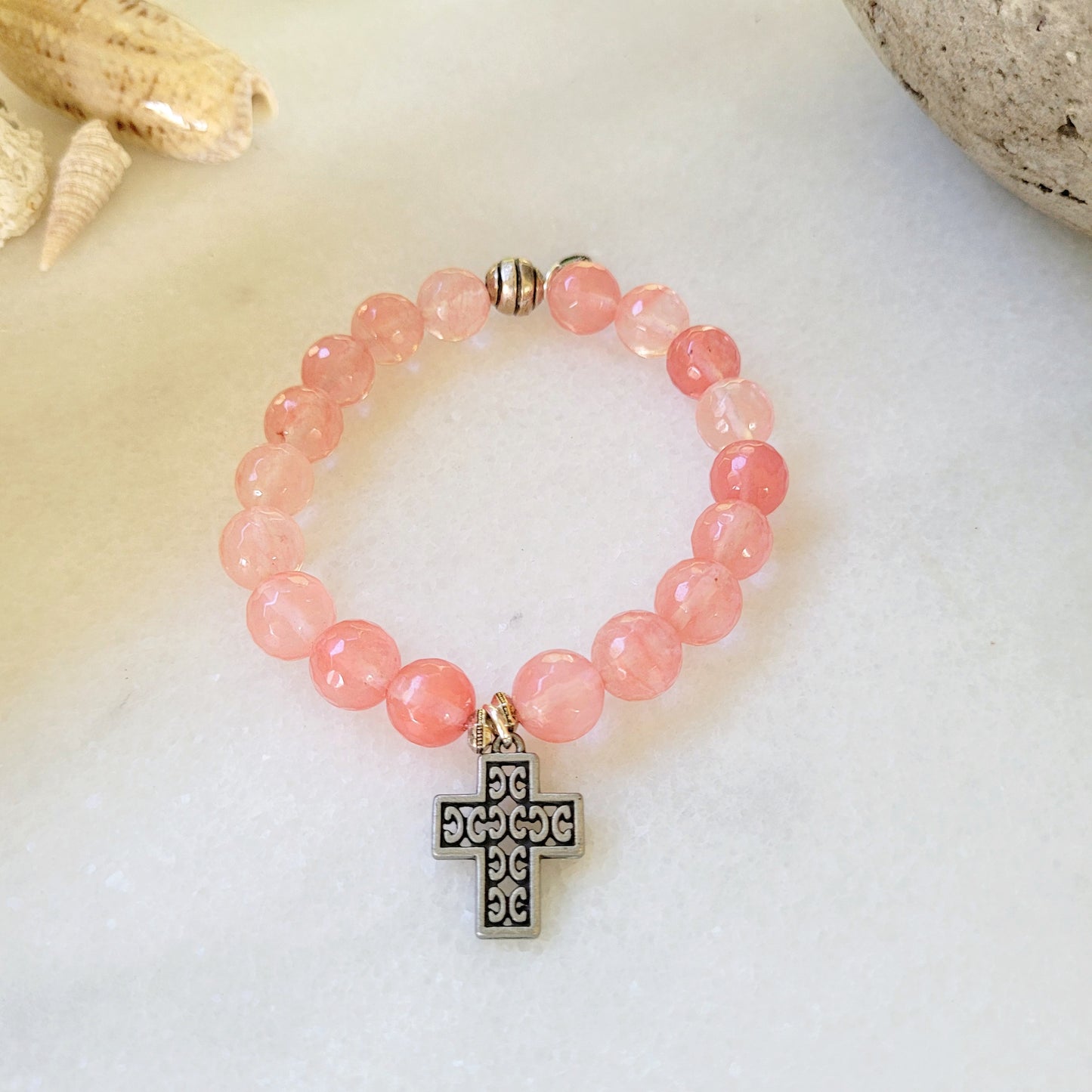 Cherry Quartz Faceted 12mm Beaded Bracelet w/ Silver Stylized Cross