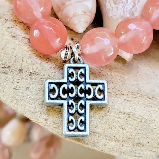 Cherry Quartz Faceted 12mm Beaded Bracelet w/ Silver Stylized Cross