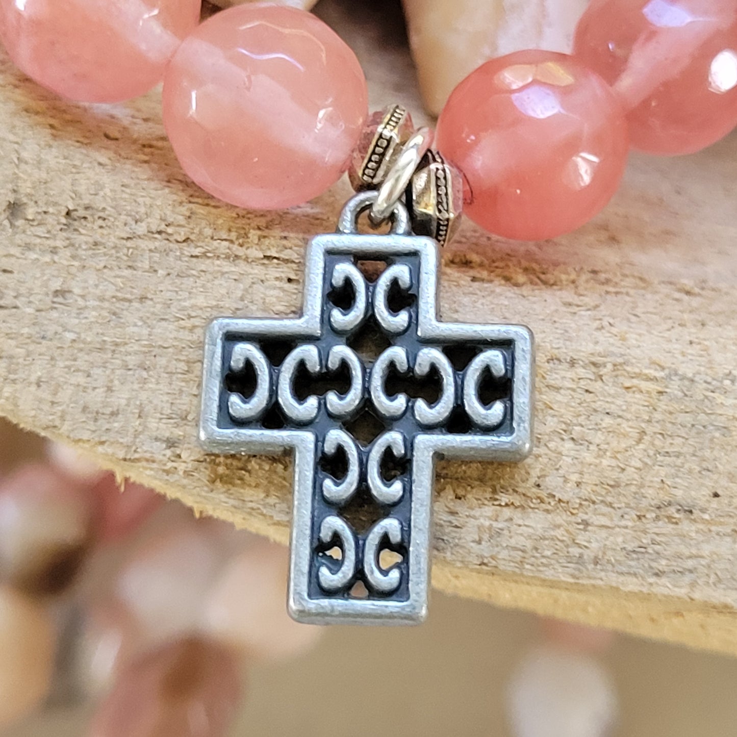 Cherry Quartz Faceted 12mm Beaded Bracelet w/ Silver Stylized Cross