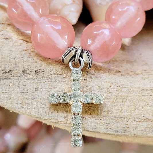 Cherry Quartz Faceted 12mm Beaded Bracelet w/ Rhinestone Cross