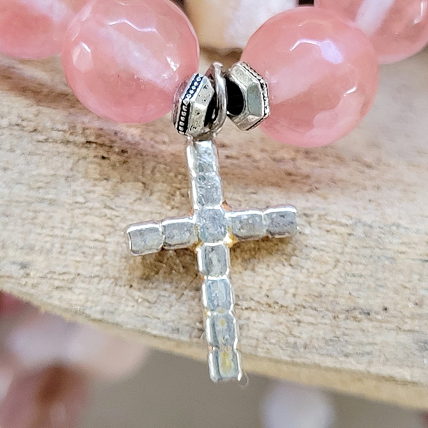 Cherry Quartz Faceted 12mm Beaded Bracelet w/ Rhinestone Cross