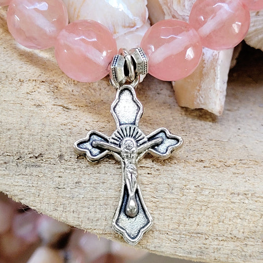 Cherry Quartz Faceted 12mm Beaded Bracelet w/ Crucifix Cross Vintage Silver