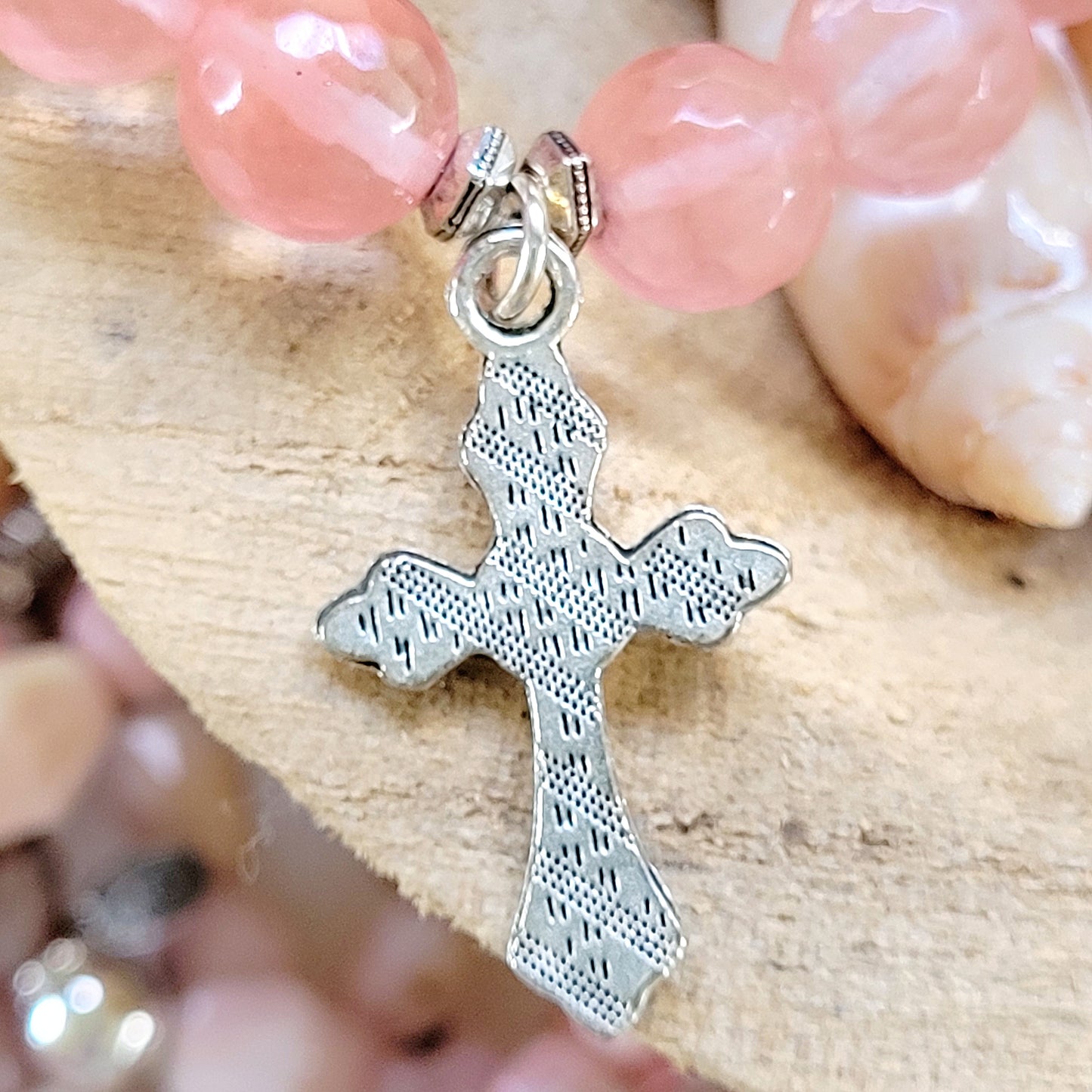 Cherry Quartz Faceted 12mm Beaded Bracelet w/ Crucifix Cross Vintage Silver