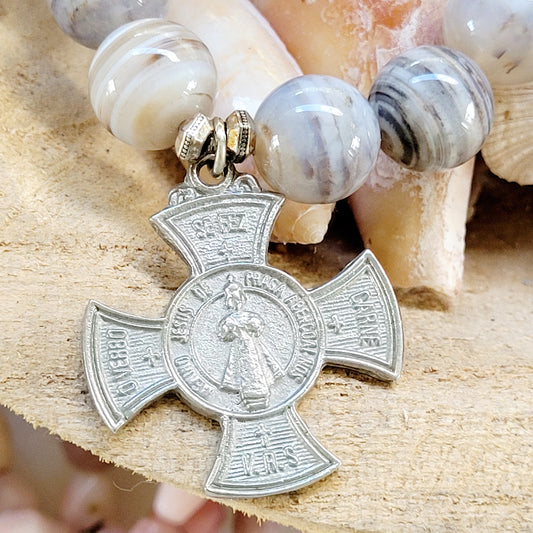 Gray Sardonyx 12mm Beaded Bracelet w/ Infant of Prague Maltese Silver Cross