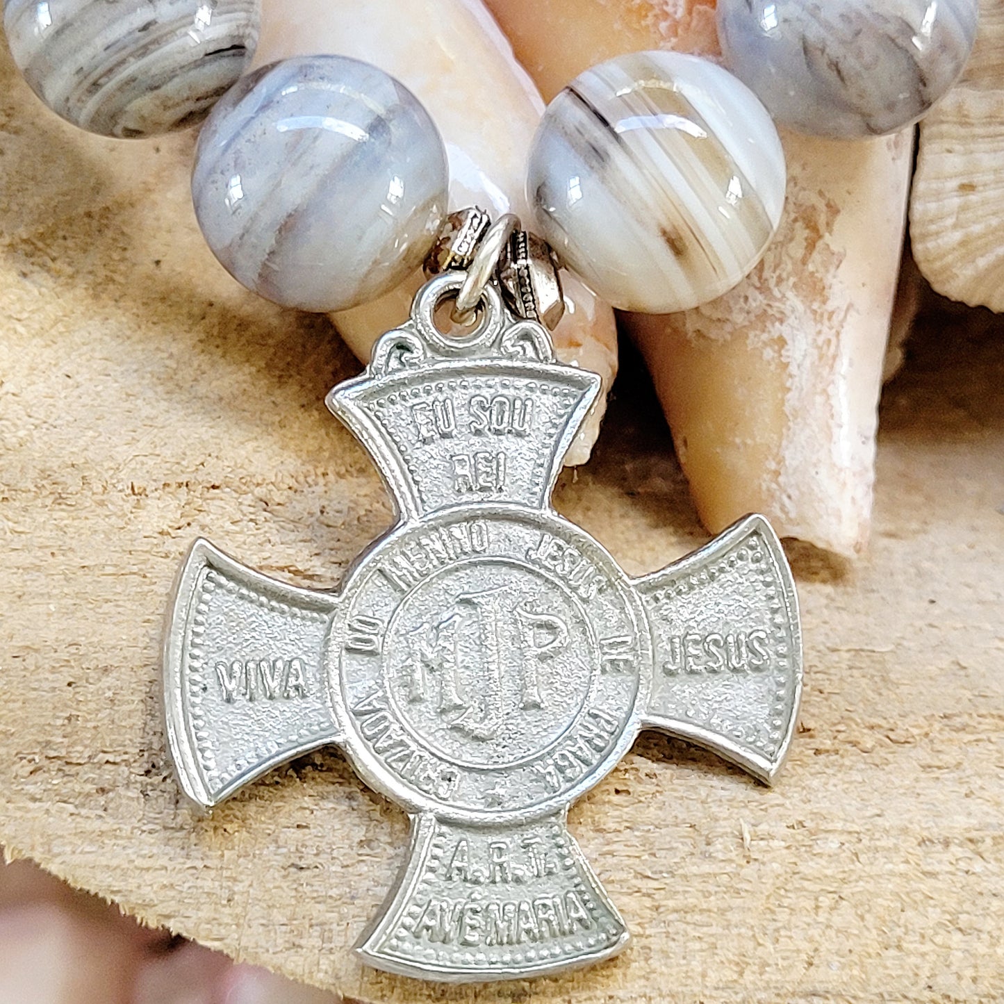 Gray Sardonyx 12mm Beaded Bracelet w/ Infant of Prague Maltese Silver Cross