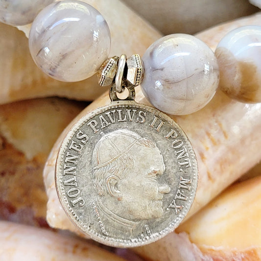 Gray Sardonyx 12mm Beaded Bracelet w/ St. Max M. Kolbe + Pope John Paul II Silver Medal