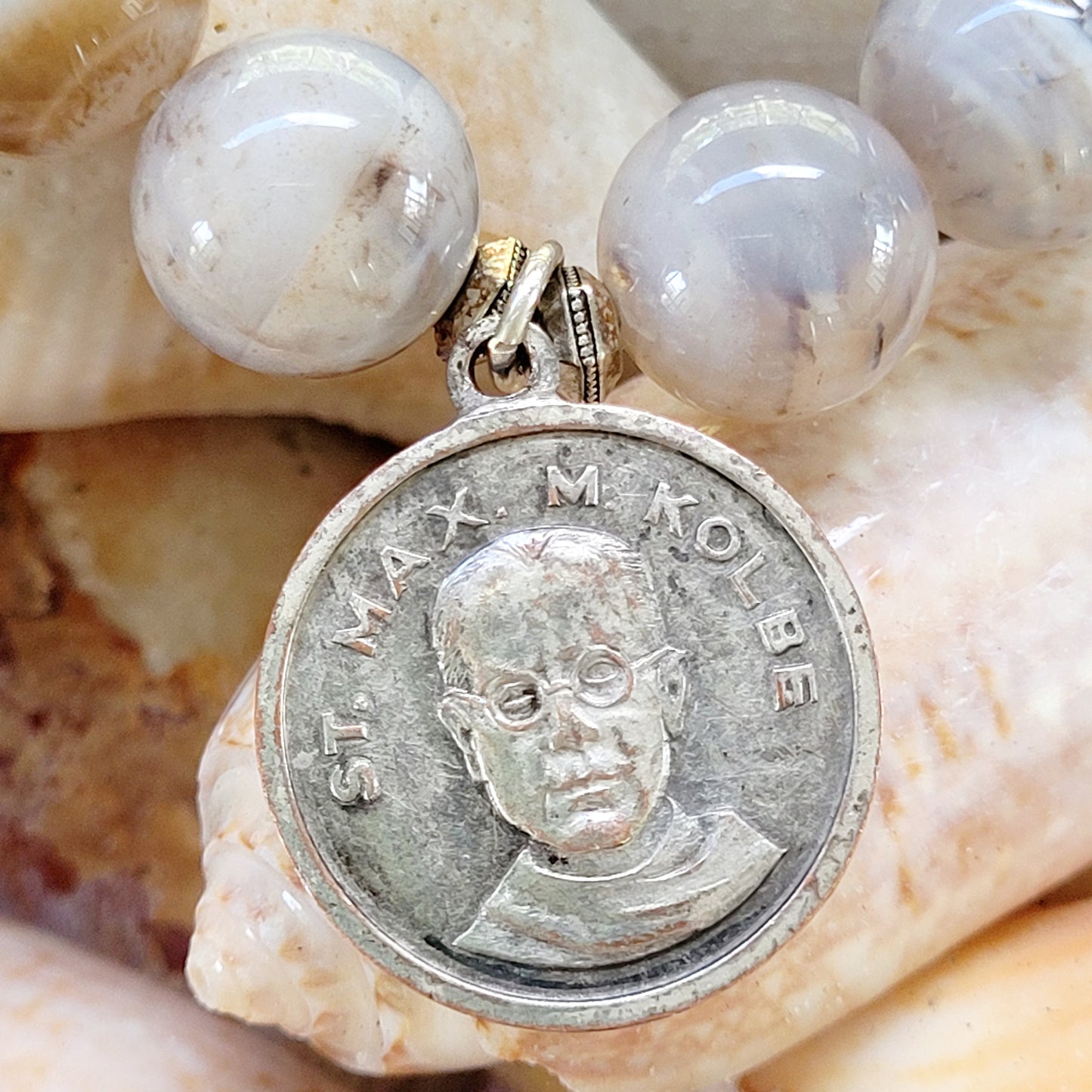 Gray Sardonyx 12mm Beaded Bracelet w/ St. Max M. Kolbe + Pope John Paul II Silver Medal