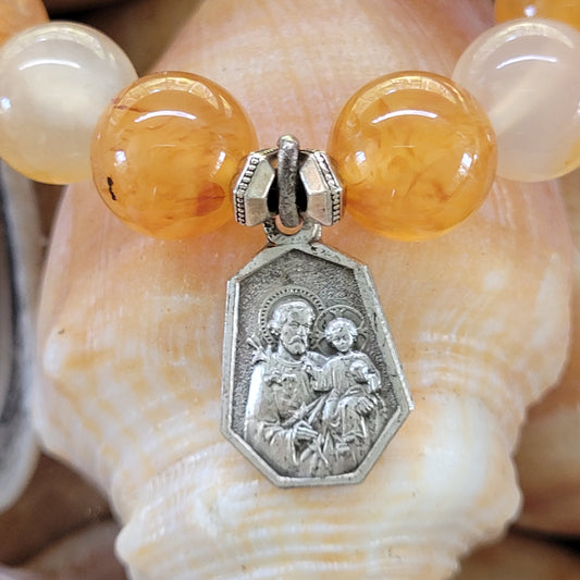 Carnelian 10mm Beaded Bracelet w/ Oratoire of St. Joseph Vintage Medal from France