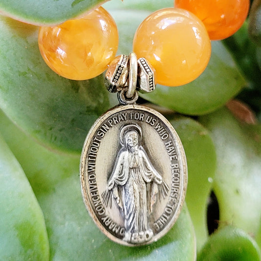 Carnelian 10mm Beaded Bracelet w/ Miraculous Medal of Mary Silver Medallion