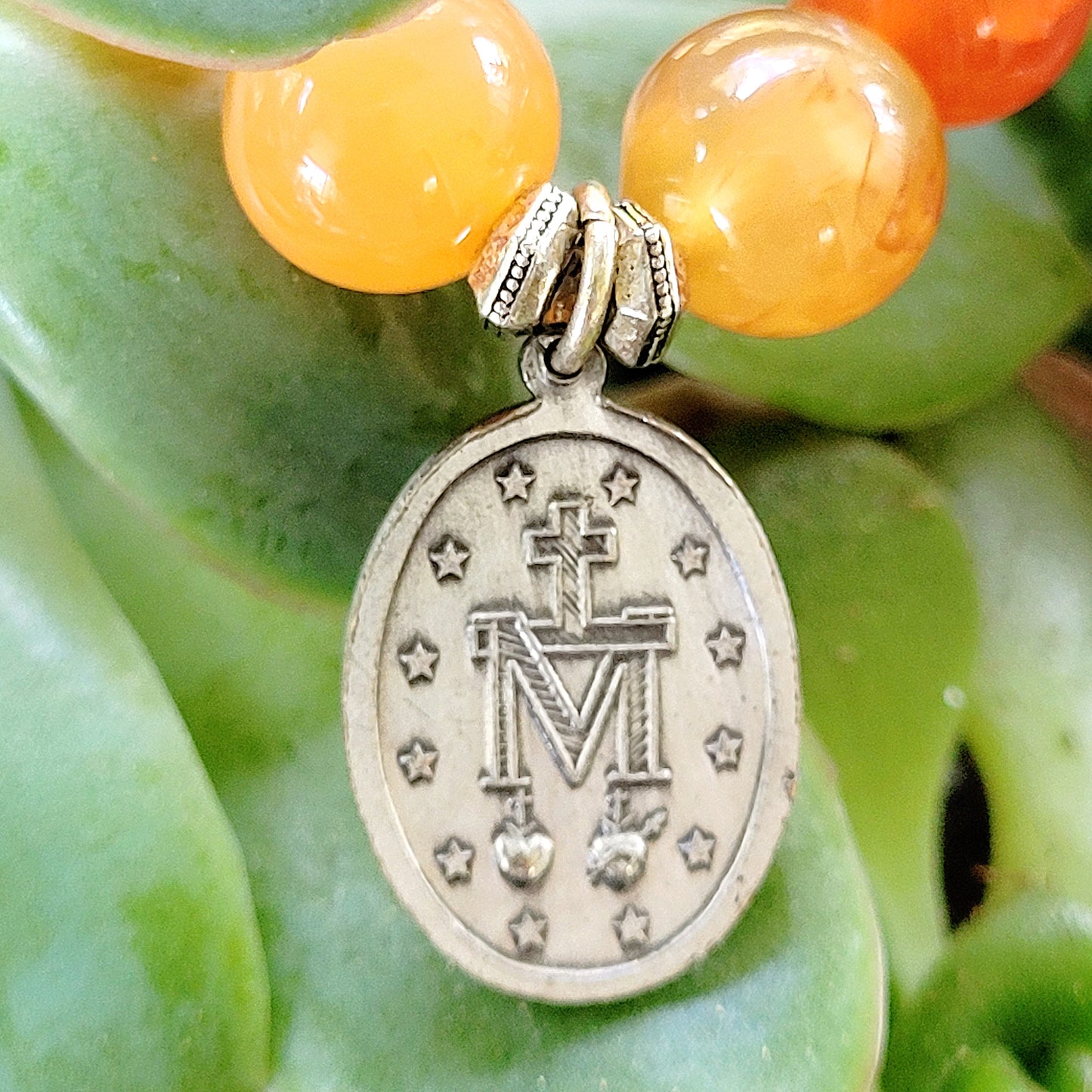 Carnelian 10mm Beaded Bracelet w/ Miraculous Medal of Mary Silver Medallion