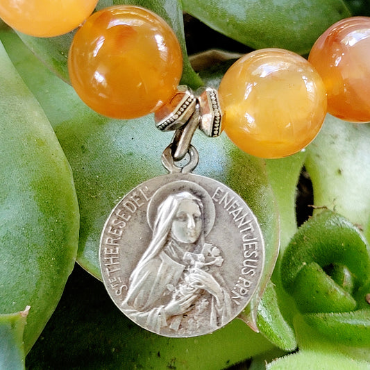 Carnelian 10mm Beaded Bracelet w/ St. Therese of Lisieux Signed Silver Medal from France