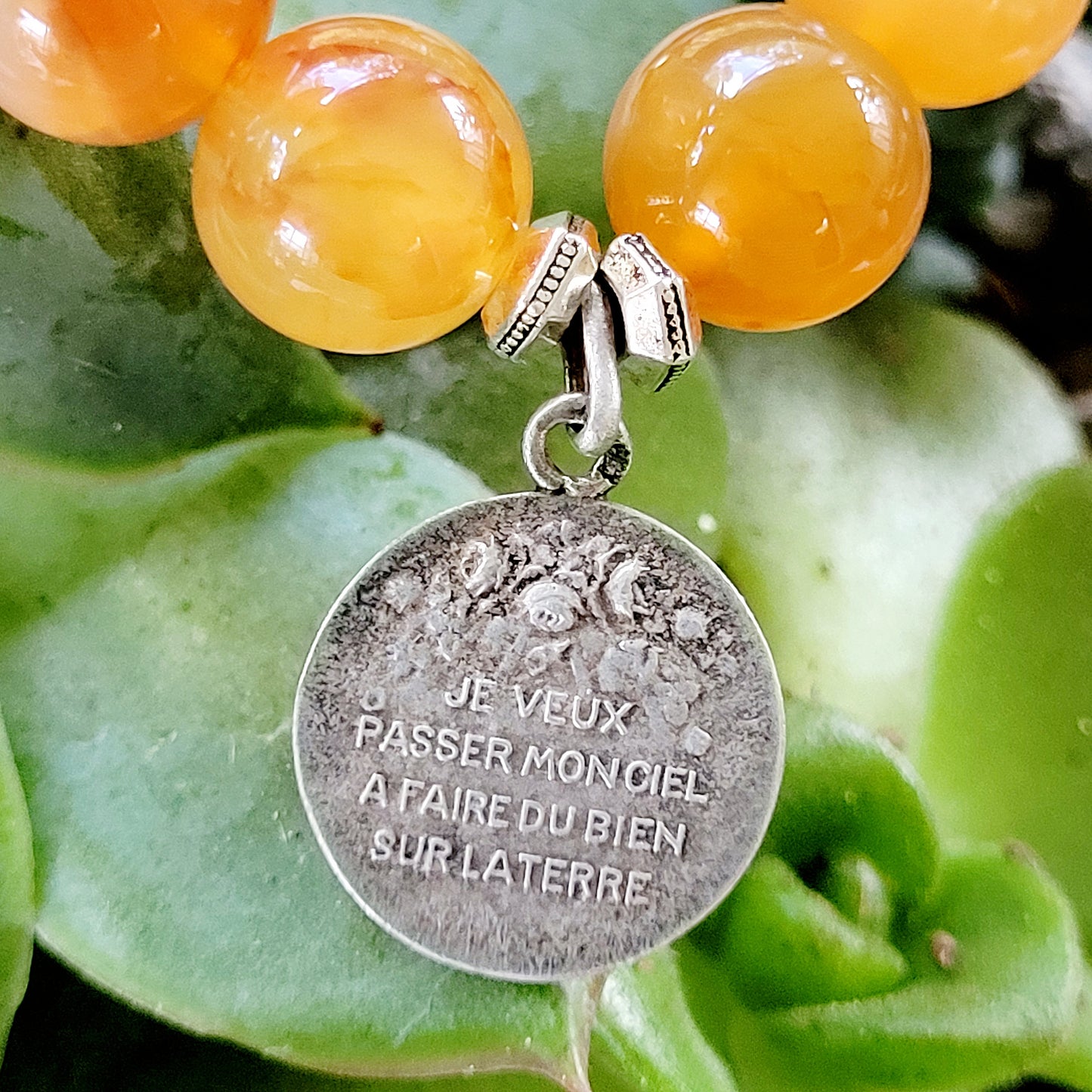 Carnelian 10mm Beaded Bracelet w/ St. Therese of Lisieux Signed Silver Medal from France