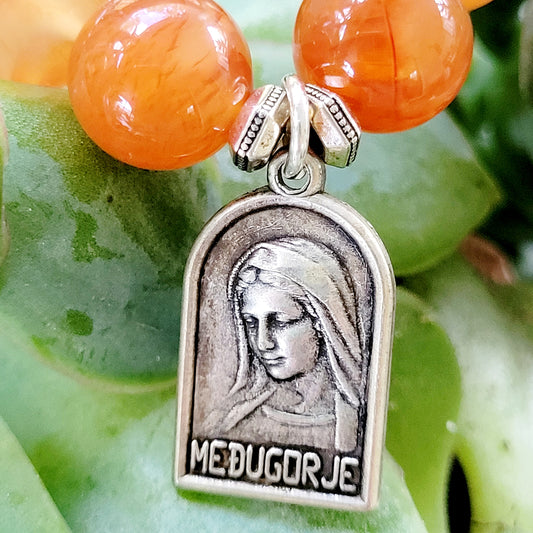 Carnelian 10mm Beaded Bracelet w/ Our Lady of Medjugorje Silver Medal