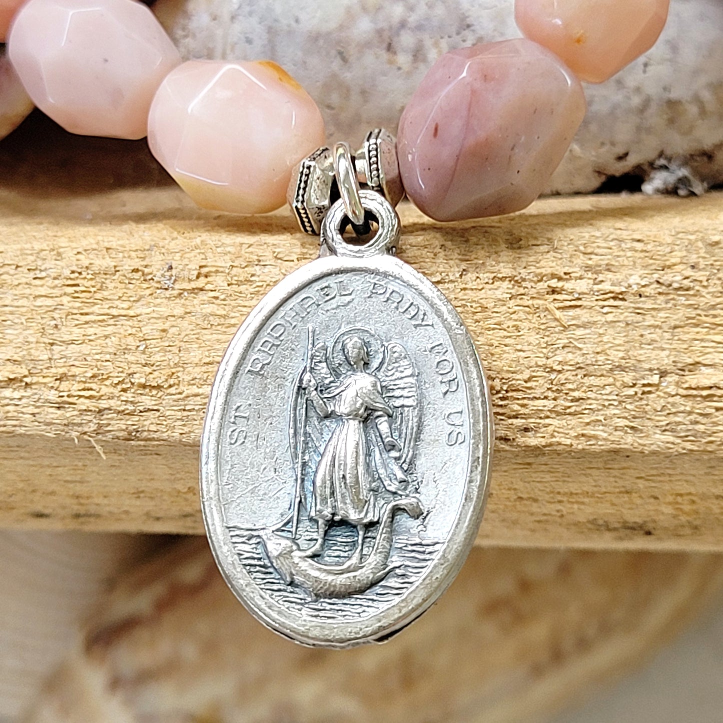 Pink Opal Tubular Beaded Bracelet w/ St. Christopher + St. Raphael the Archangel Silver Medal