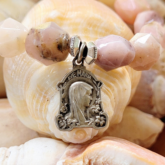 Pink Opal Tubular Beaded Bracelet w/ Our Lady of Lourdes Silver Embossed Medal