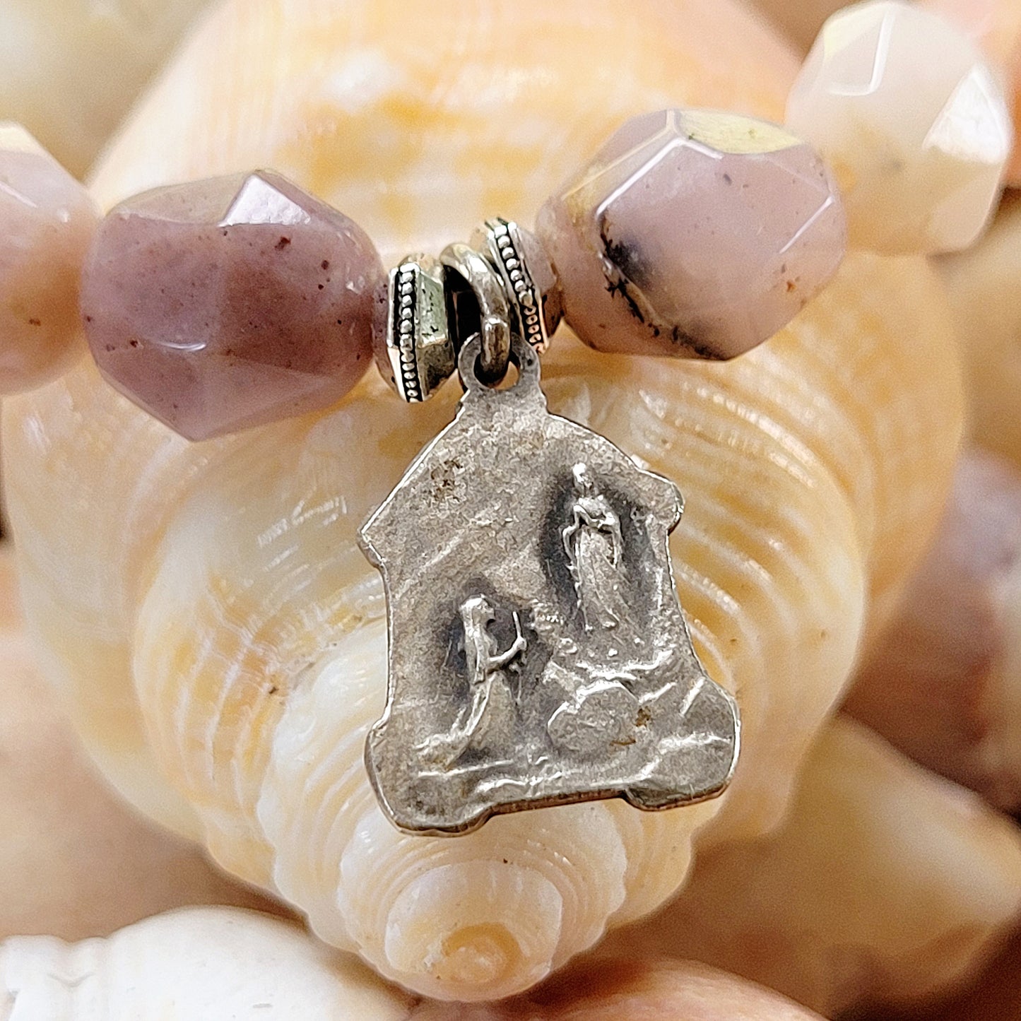 Pink Opal Tubular Beaded Bracelet w/ Our Lady of Lourdes Silver Embossed Medal