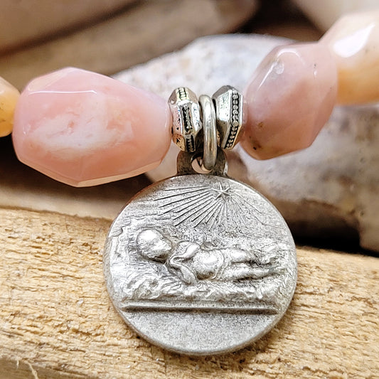 Pink Opal Tubular Beaded Bracelet w/ Infant Jesus in Manger / Jerusalem Cross Medal