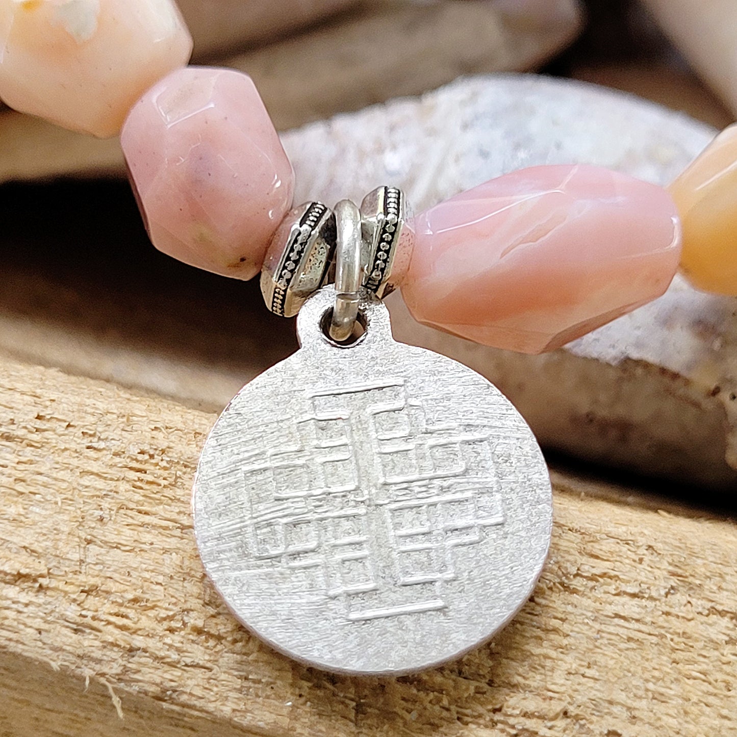 Pink Opal Tubular Beaded Bracelet w/ Infant Jesus in Manger / Jerusalem Cross Medal