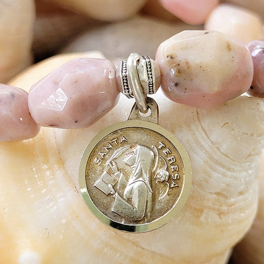 Pink Opal Tubular Beaded Bracelet w/ St. Teresa of Avila Rare Silver Medal