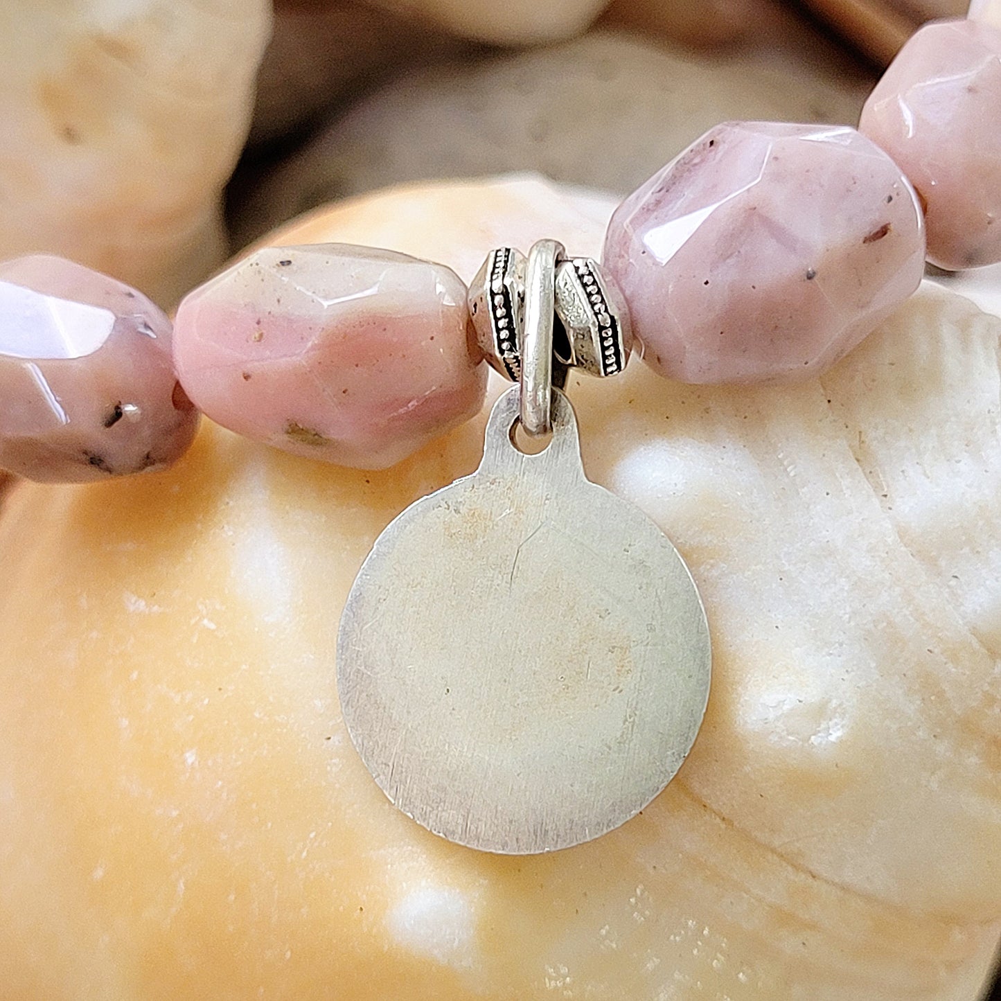 Pink Opal Tubular Beaded Bracelet w/ St. Teresa of Avila Rare Silver Medal