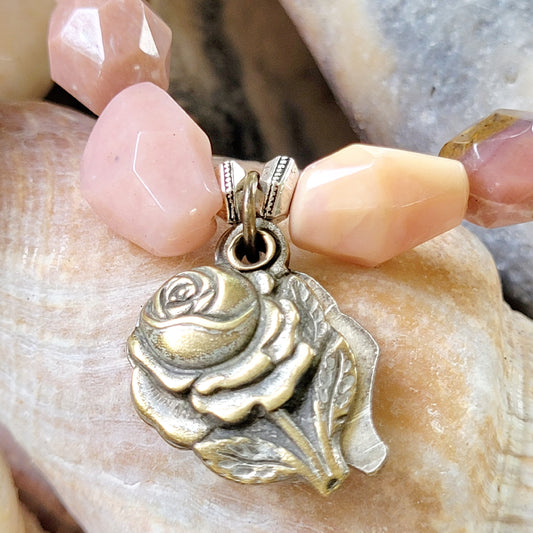 Pink Opal Tubular Beaded Bracelet w/ Flower Medal / Blessed Virgin Mary