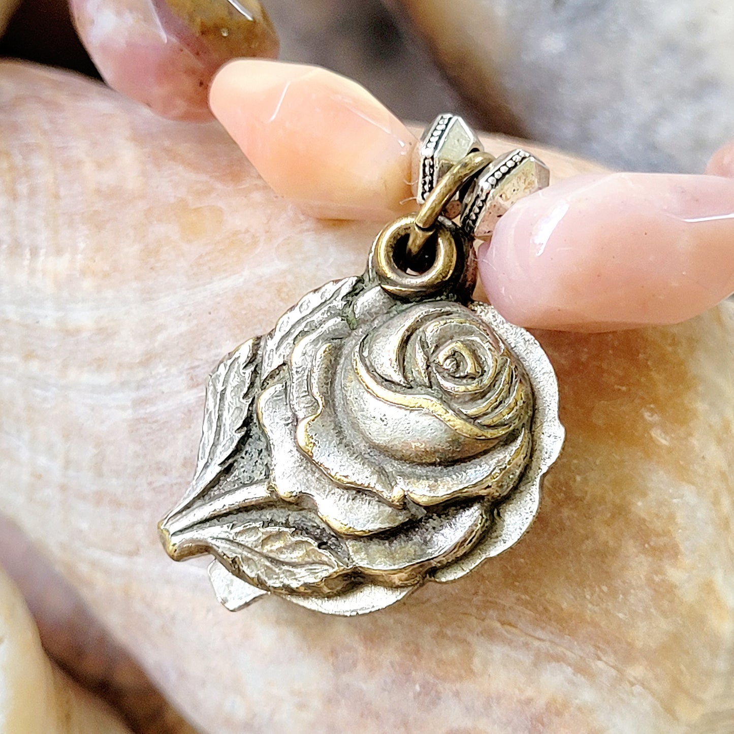 Pink Opal Tubular Beaded Bracelet w/ Flower Medal / Blessed Virgin Mary