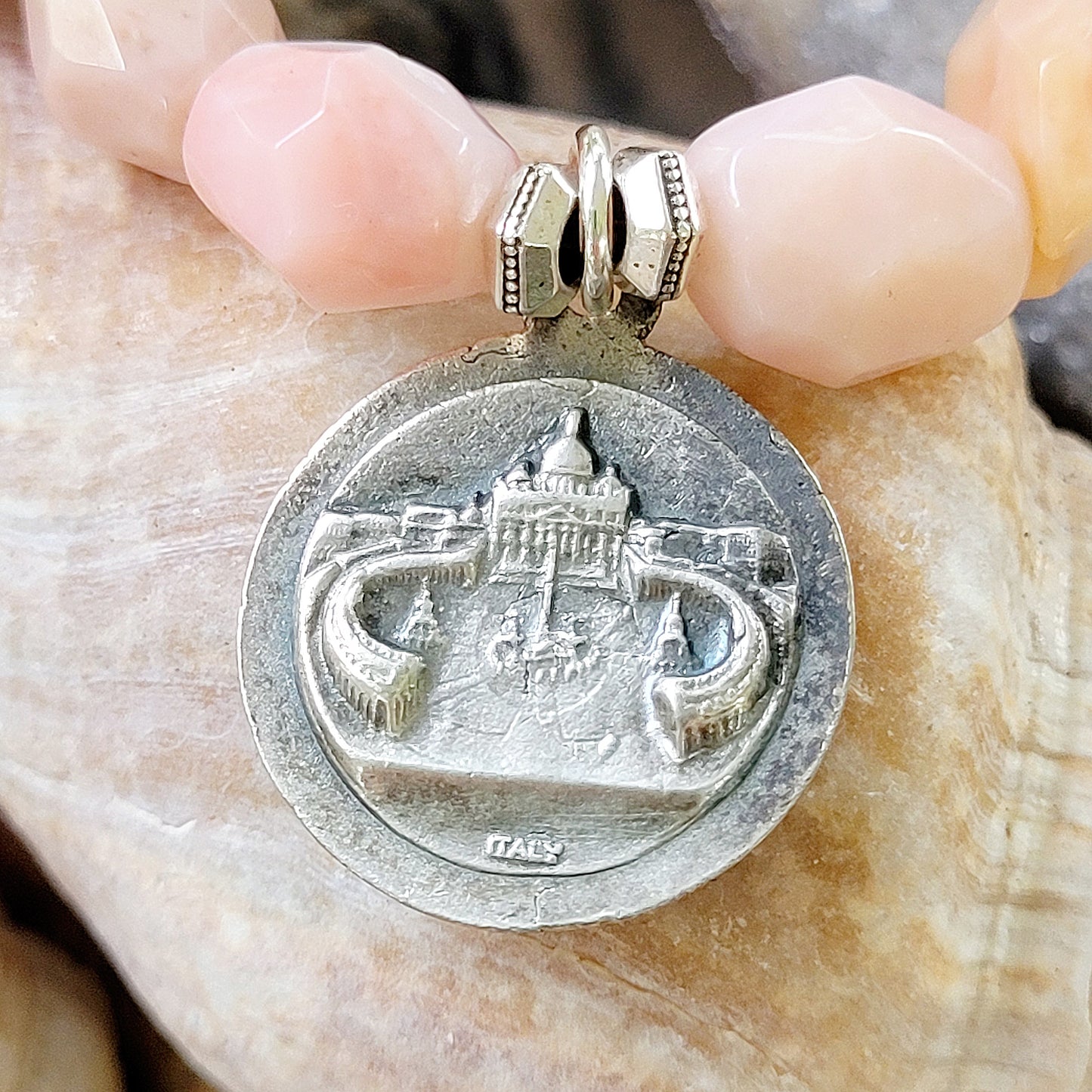 Pink Opal Tubular Beaded Bracelet w/ Pope St. John Paul II / St. Peter's Square Silver Medal