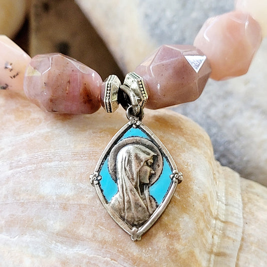 Pink Opal Tubular Beaded Bracelet w/ Our Lady of Lourdes Enameled Silver Medal