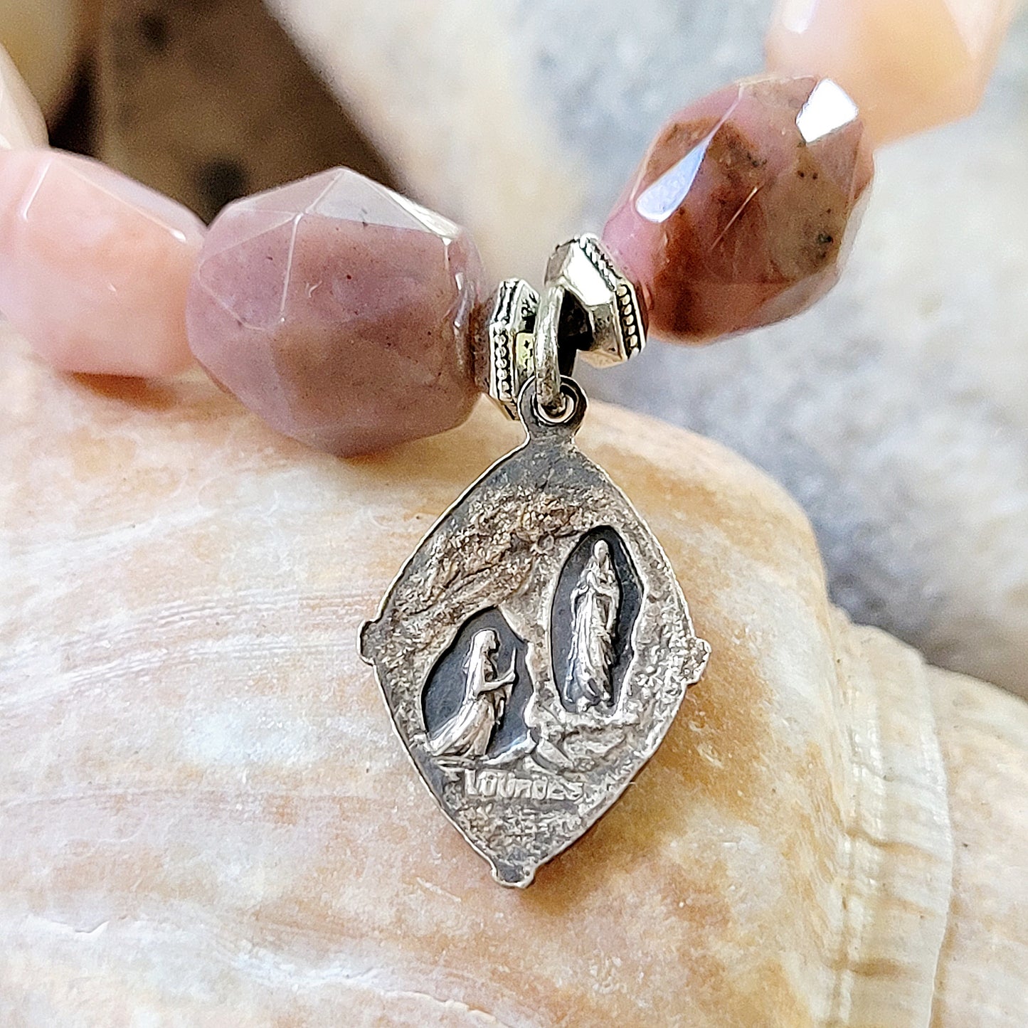 Pink Opal Tubular Beaded Bracelet w/ Our Lady of Lourdes Enameled Silver Medal