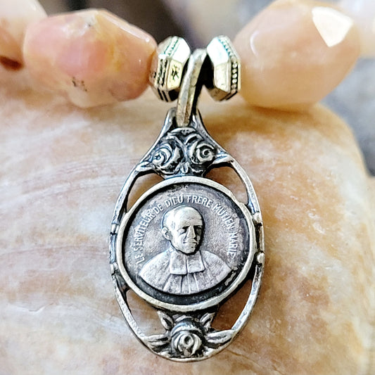 Pink Opal Tubular Beaded Bracelet w/ St. Mutien-Marie of Belgium Cut-out Silver Medal