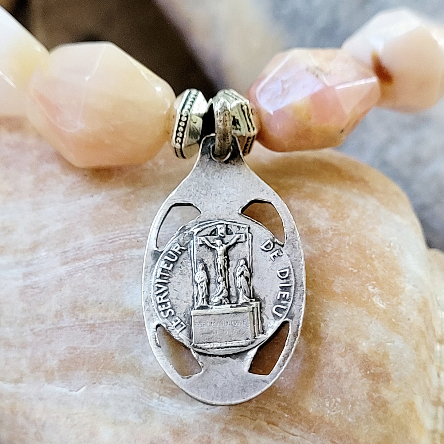 Pink Opal Tubular Beaded Bracelet w/ St. Mutien-Marie of Belgium Cut-out Silver Medal