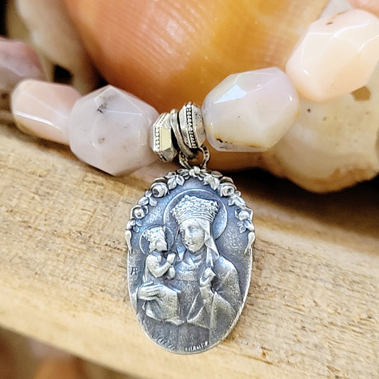 Pink Opal Tubular Beaded Bracelet w/ St. Anne de Beaupre Sterling Silver Medal