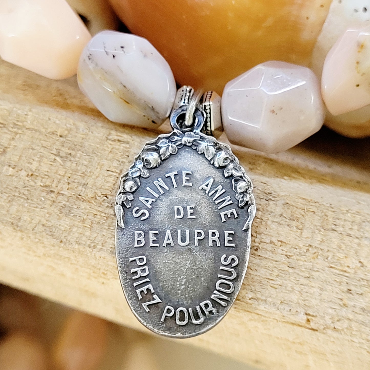 Pink Opal Tubular Beaded Bracelet w/ St. Anne de Beaupre Sterling Silver Medal