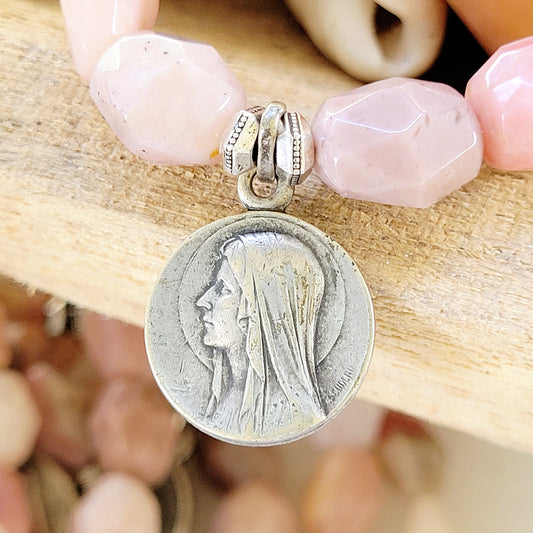 Pink Opal Tubular Beaded Bracelet w/ Our Lady of Lourdes Signed Silver Medal