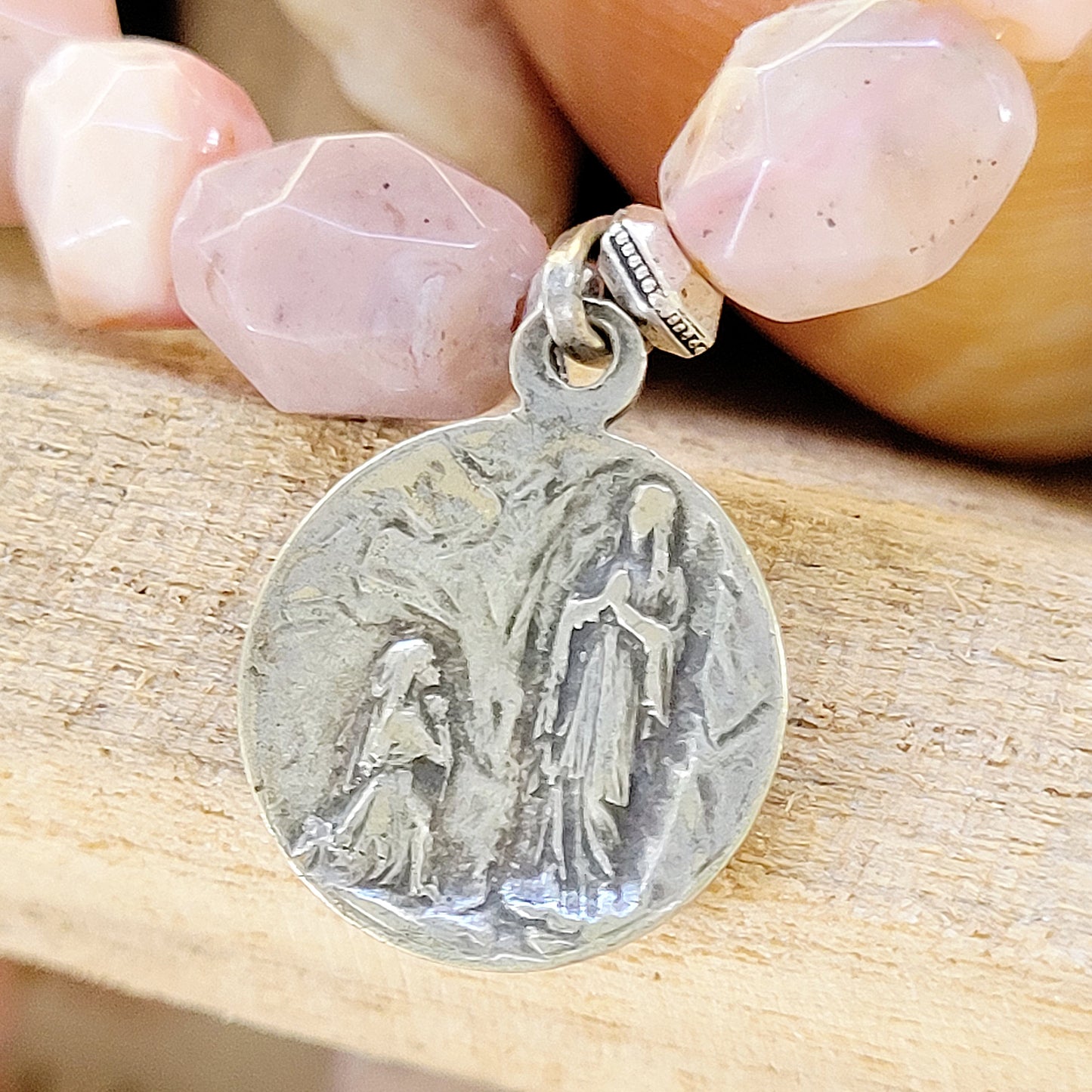 Pink Opal Tubular Beaded Bracelet w/ Our Lady of Lourdes Signed Silver Medal