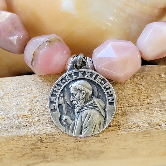 Pink Opal Tubular Beaded Bracelet w/ St. Alexis Embossed Silver Medal