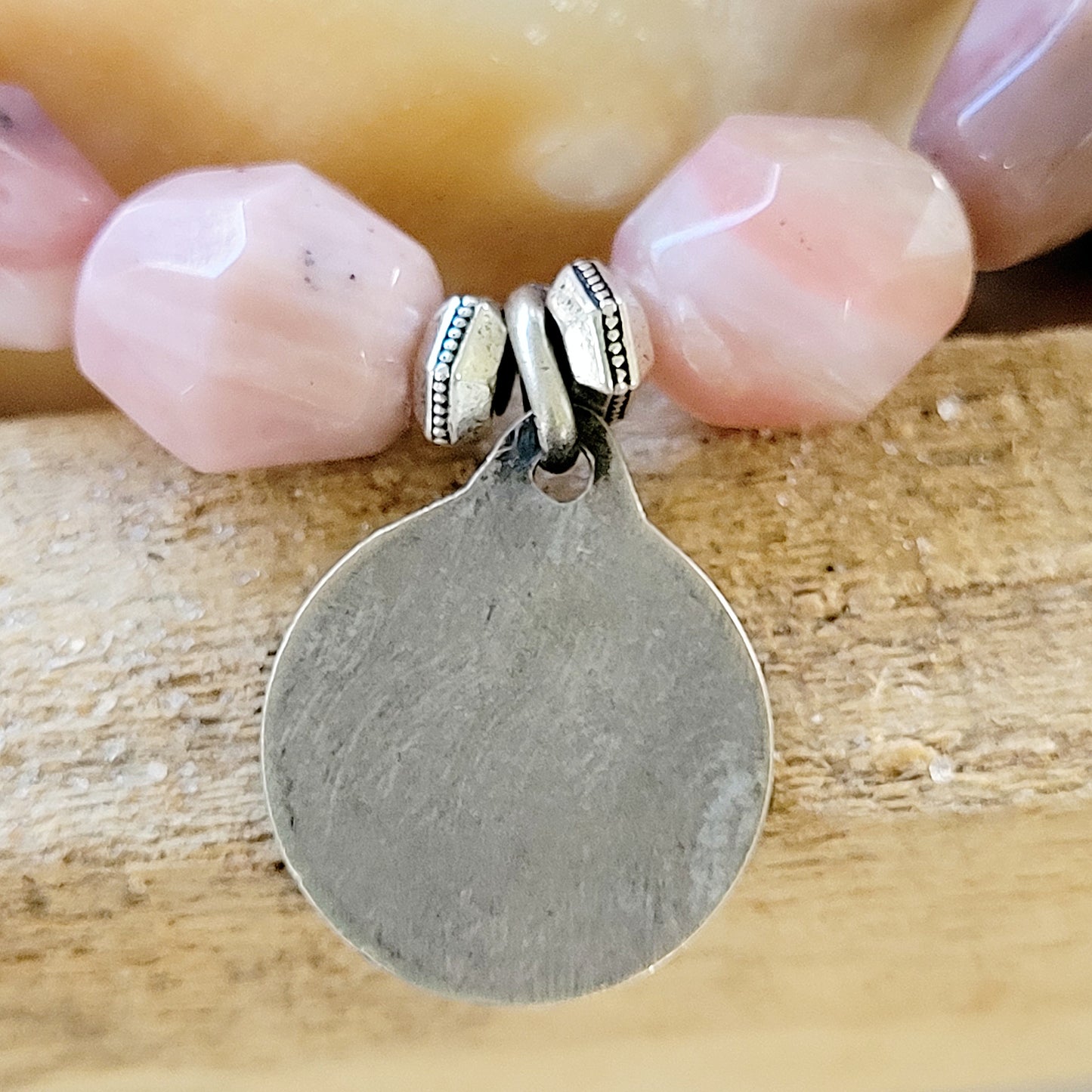 Pink Opal Tubular Beaded Bracelet w/ St. Alexis Embossed Silver Medal