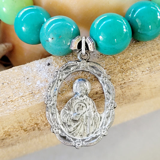 Green Jade 12mm Beaded Bracelet w/ St. Jude Vintage Silver Cut-out Medal