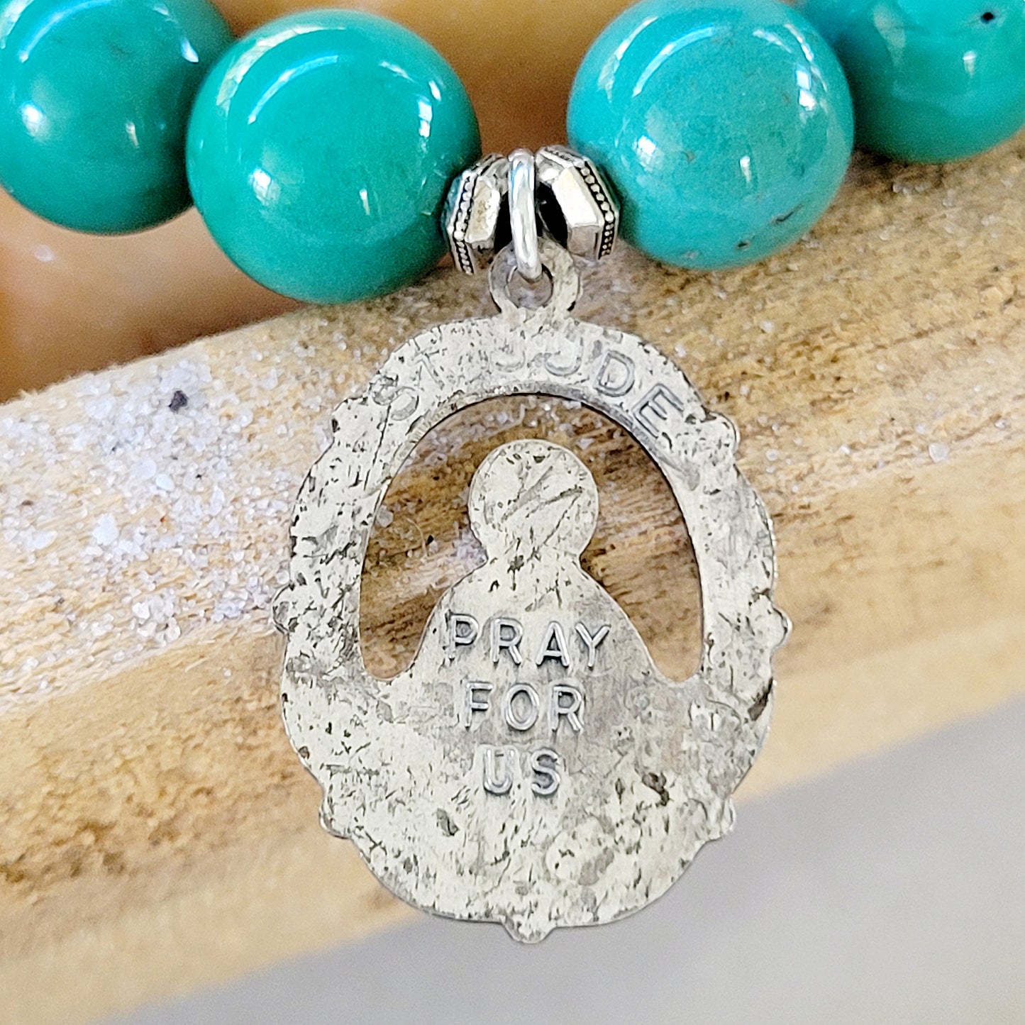 Green Jade 12mm Beaded Bracelet w/ St. Jude Vintage Silver Cut-out Medal